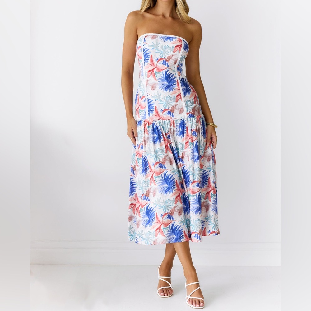 NEW HELLO MOLLY PALM OASIS STRAPLESS MIDI DRESS BLUE WOMEN'S SIZE 4